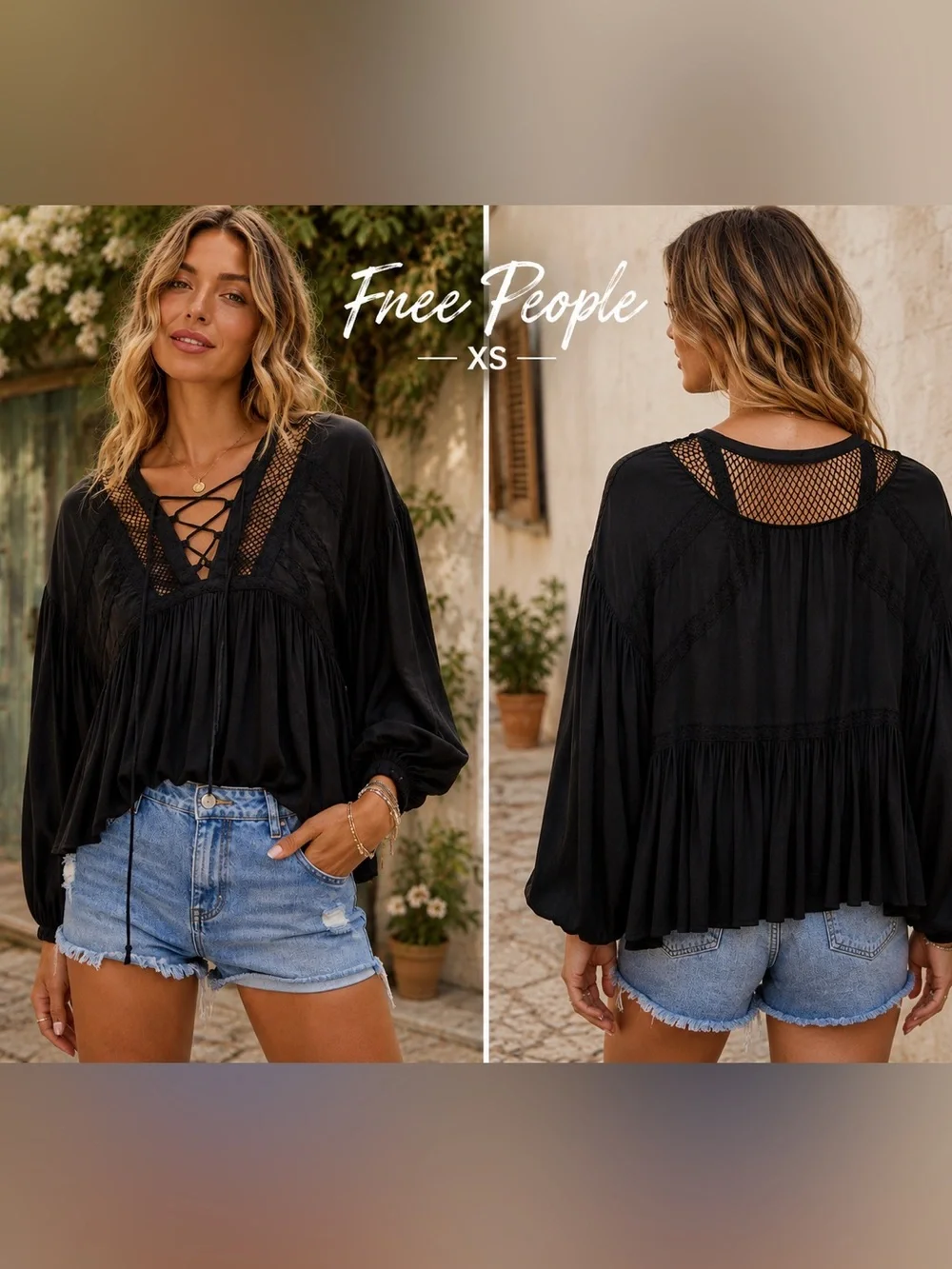 Free People Black Lace Up Boho Peasant Blouse Mesh Yoke Balloon Sleeve XS